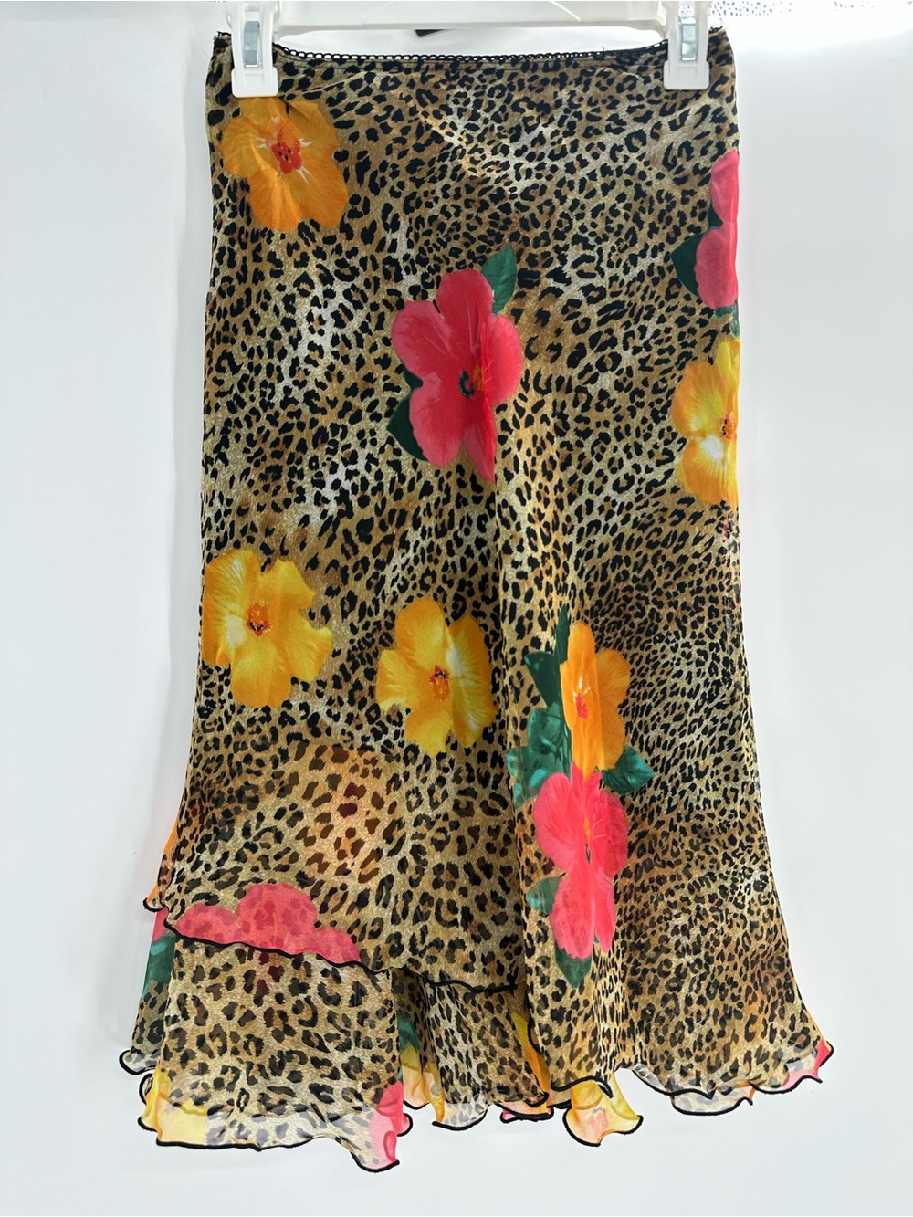 La Belle Leopard Hibiscus Floral Sheer Ruffle Midi Skirt Y2K